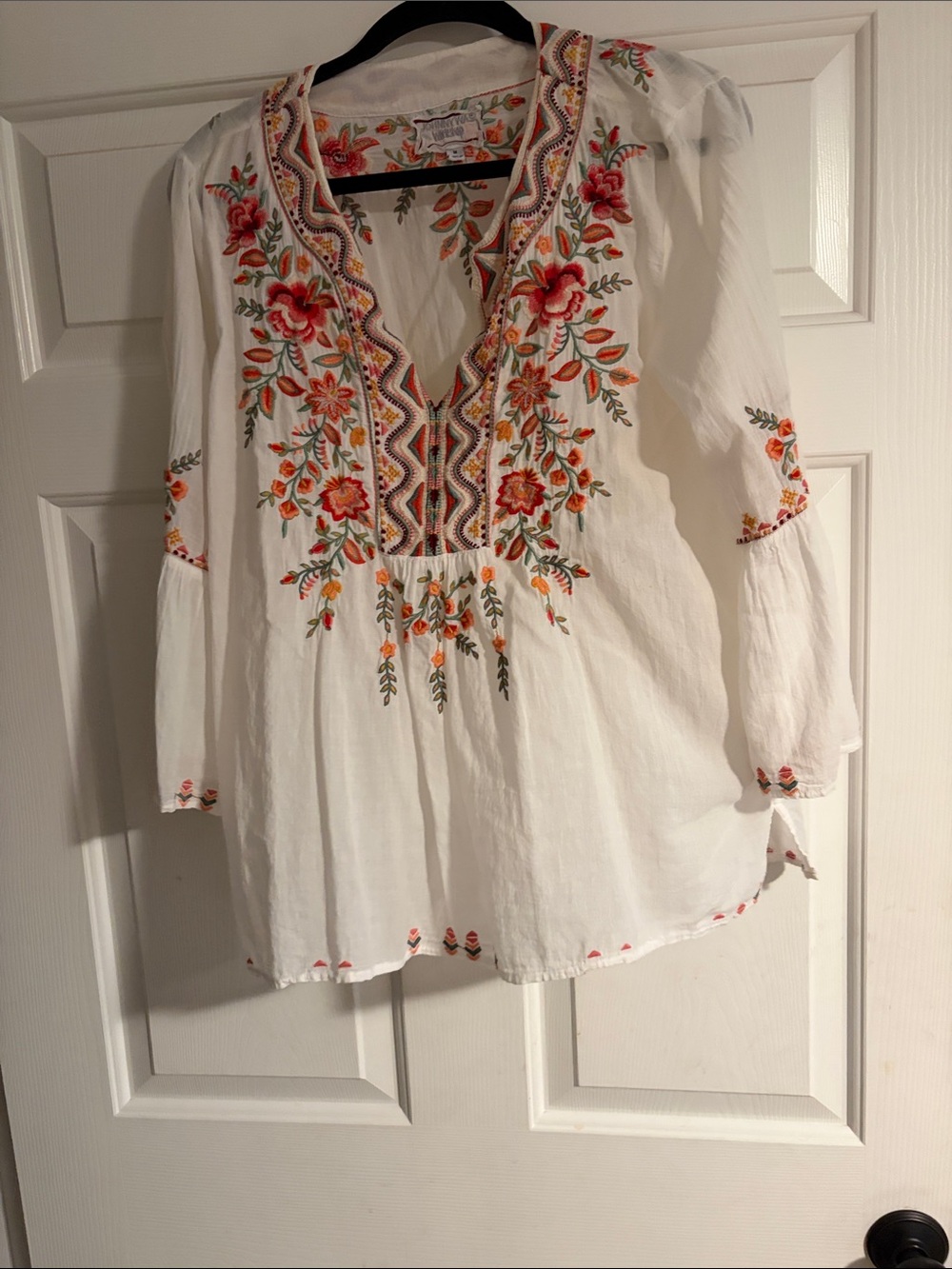 White Embroidered Boho Tunic Top with Floral Accents